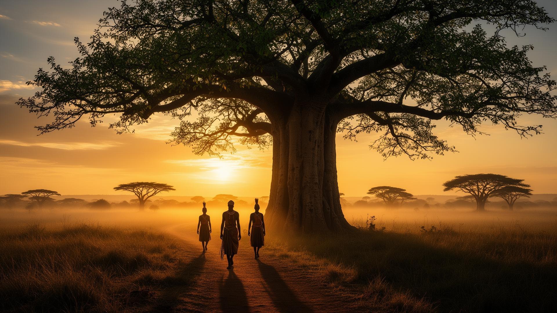 African baobab at sunrise with traditional healers