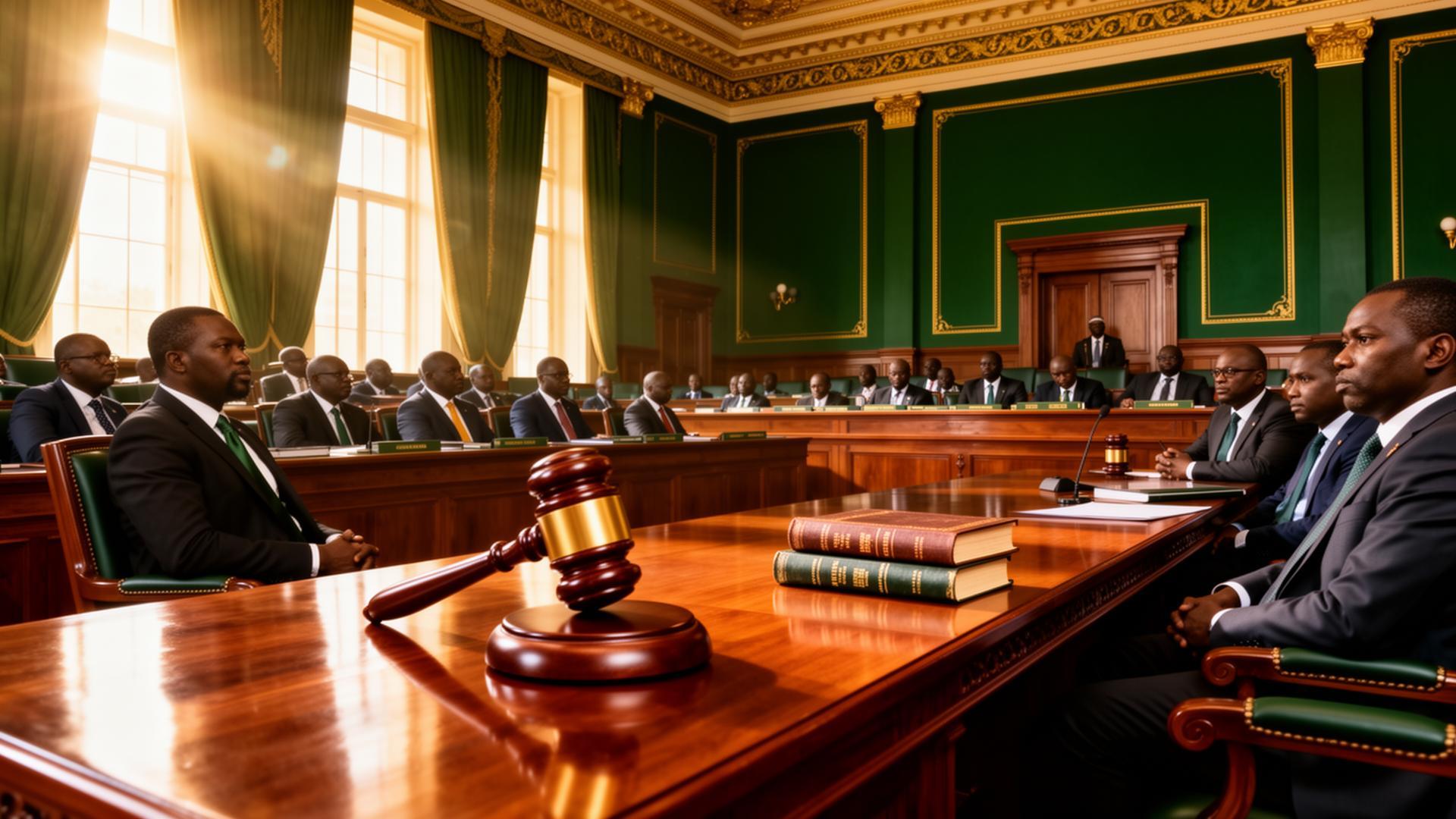 African parliamentary chamber with law books and gavel