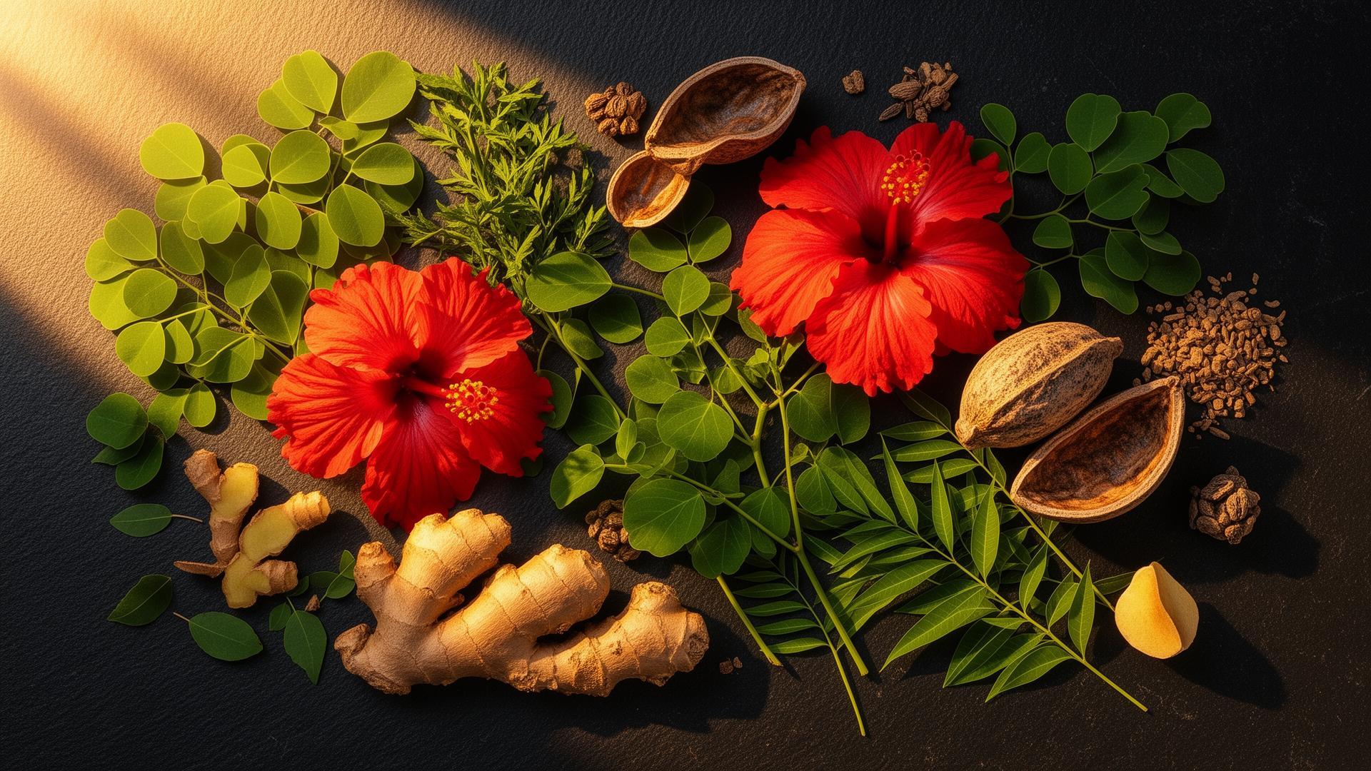 African medicinal herbs flat lay