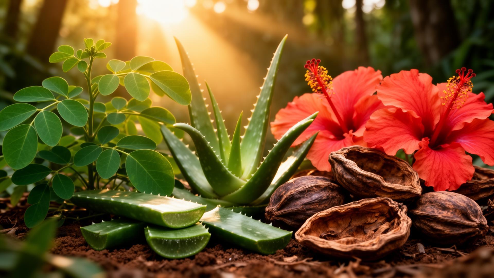 Sun-lit African medicinal plants — moringa, aloe, hibiscus, baobab